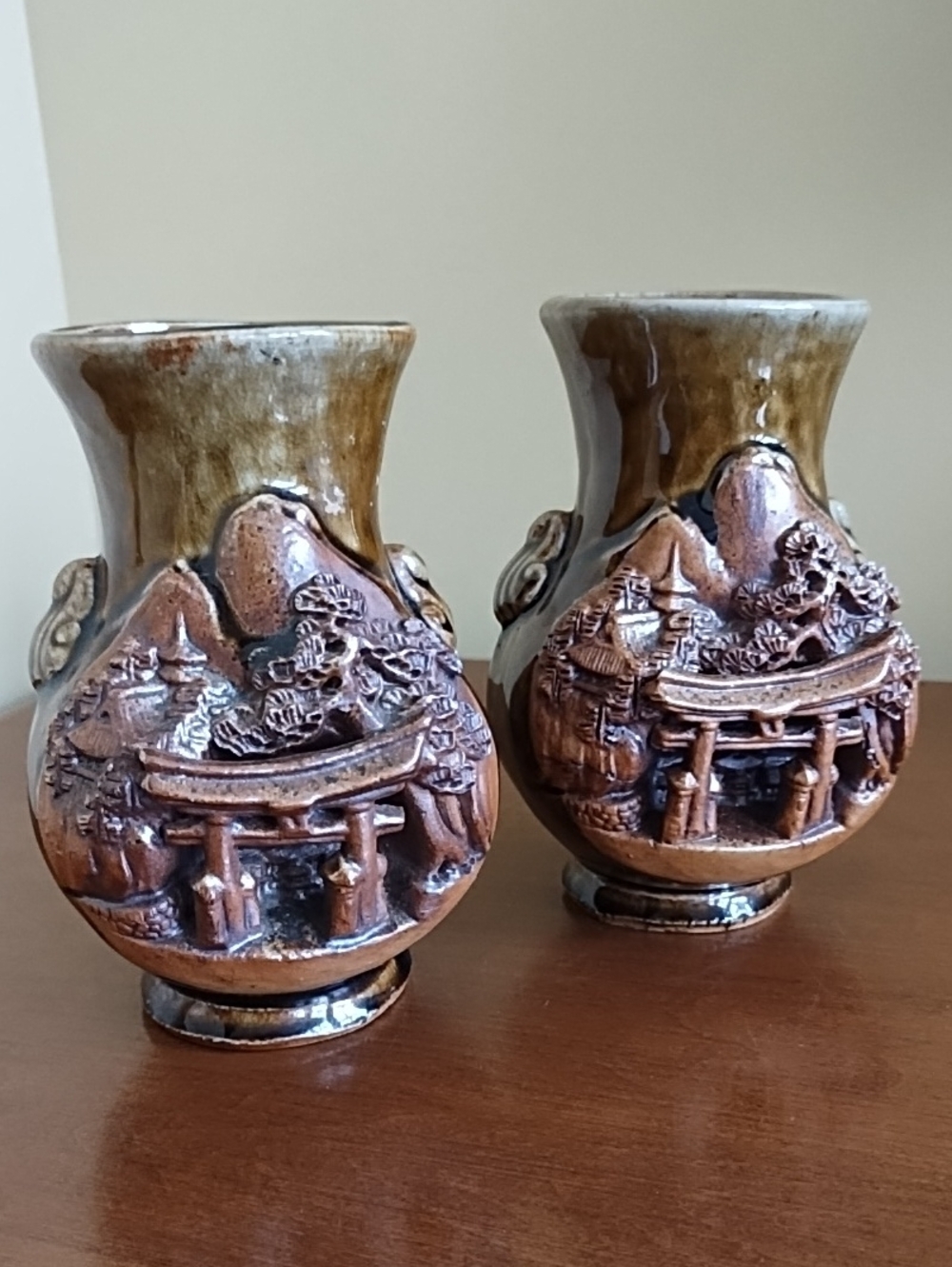 Vintage Japanese Banko Ware Ceramic Vases Torii Gate Mountain Pair 5.5" Brown